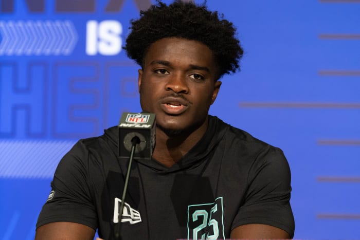 Mar 5, 2022; Indianapolis, IN, USA; Auburn defensive back Roger Mccreary (DB25) talks to the media during the 2022 NFL Scouting Combine at Lucas Oil Stadium. Mandatory Credit: Trevor Ruszkowski-USA TODAY Sports